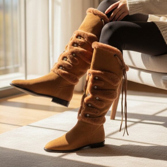 Russell & Bromley Rust Brown Leather Shearling Stud Accent Tall Boot, Size 36.5 - Picture 2 of 12